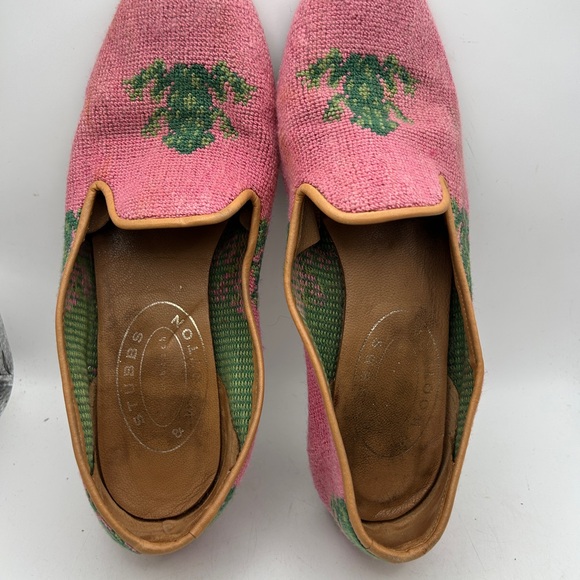 Stubbs & Wootton Pink Green Frog Needlepoint Loafer ballet Flat Shoes 9 Womens - Picture 11 of 15